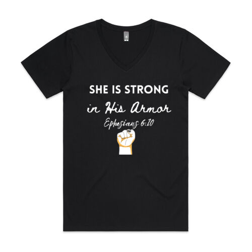 Womens V-Neck T-Shirt She is Strong Ephesians Fist Graphic Thumbnail